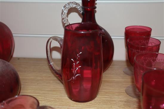 A collection of cranberry and Mary Gregory style glass (11)